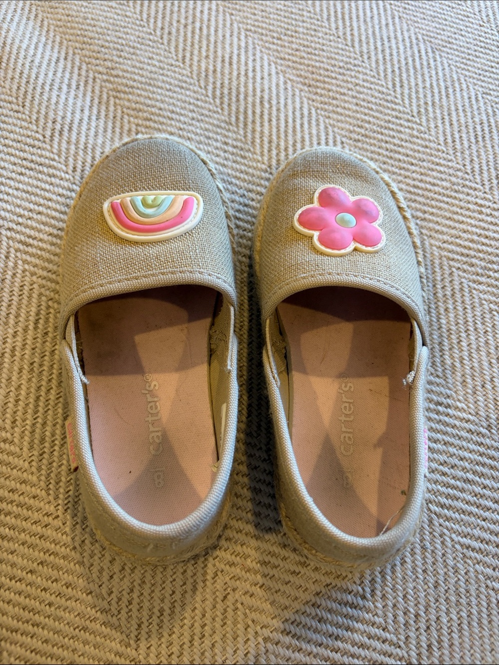 Carter's Beige Slip-On Kids Shoes with Pink Flower and Rainbow Patch